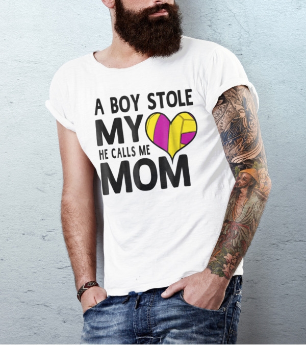 A Boy Stole My Heart He Calls Me Mom Volleyball Heart T-Shirt