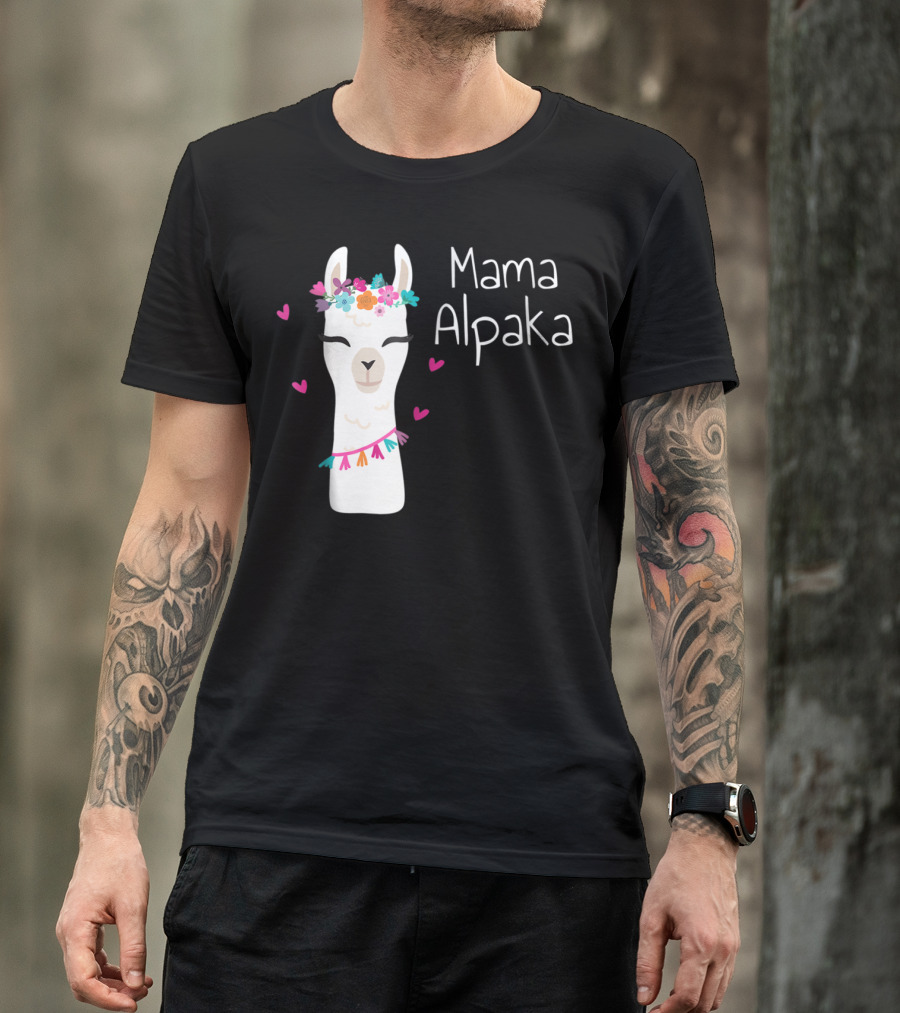 Mama Alpaka Funny Cute Floral Hearts T-Shirt