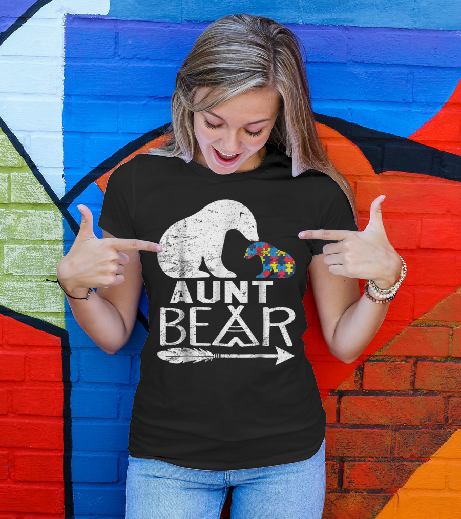 Aunt Bear Autism Awareness Puzzle Arrow Bear T-Shirt
