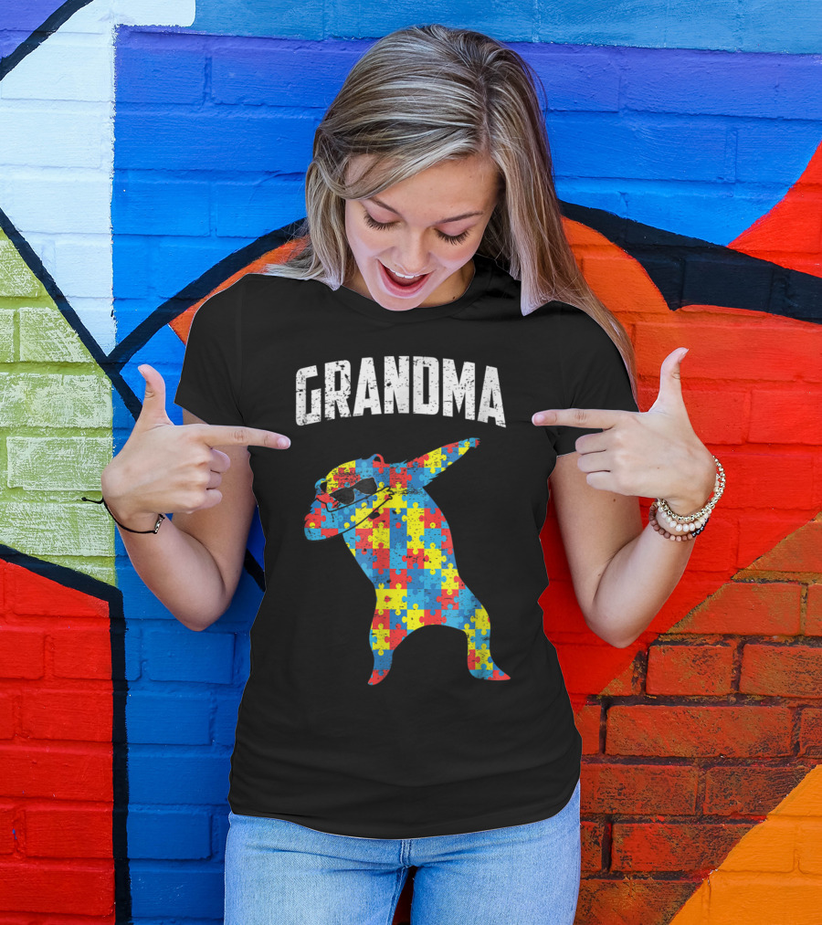 Dabbing Autism Puzzle Bear With Glasses Grandma T-Shirt