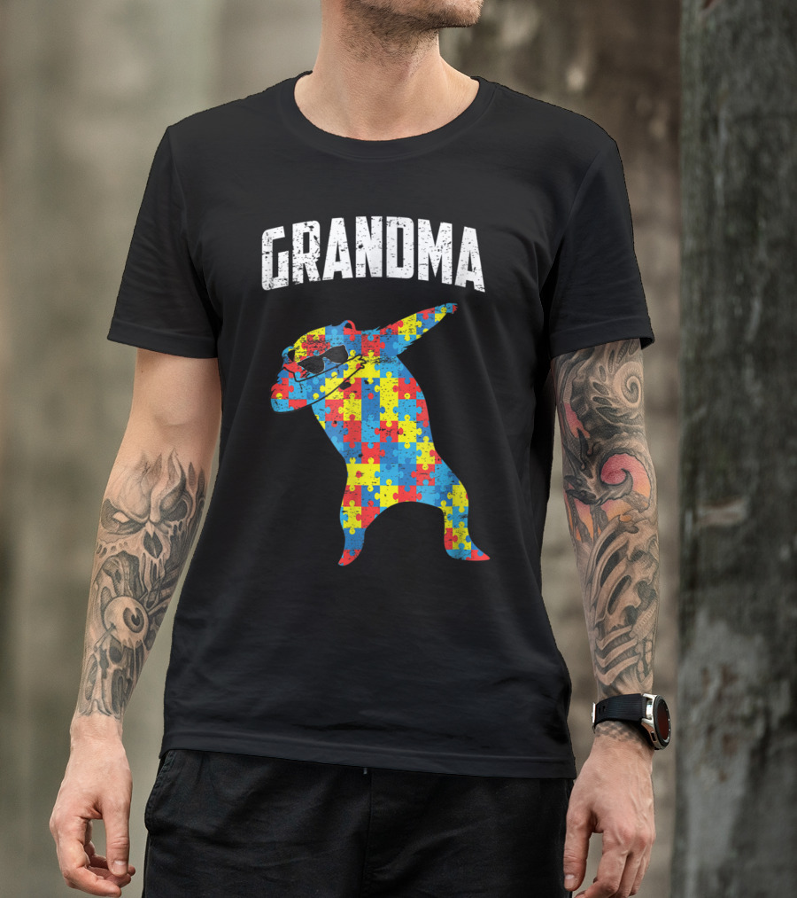Dabbing Autism Puzzle Bear With Glasses Grandma T-Shirt