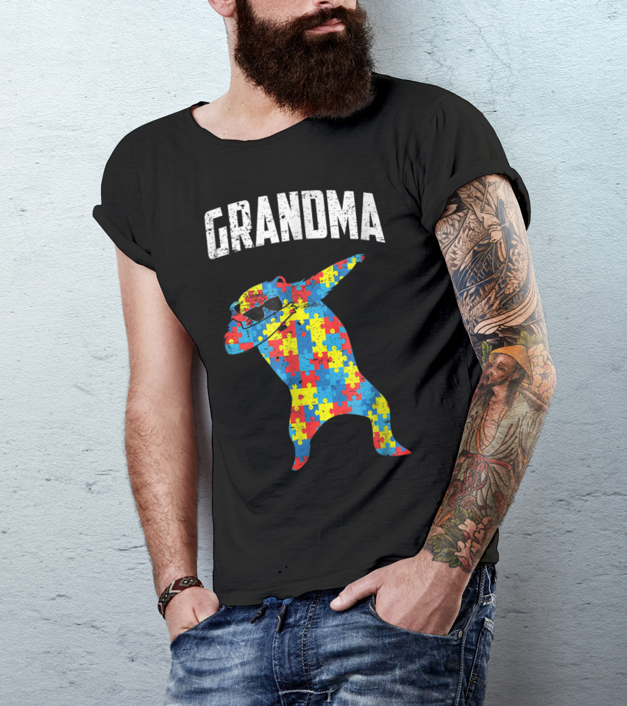 Dabbing Autism Puzzle Bear With Glasses Grandma T-Shirt