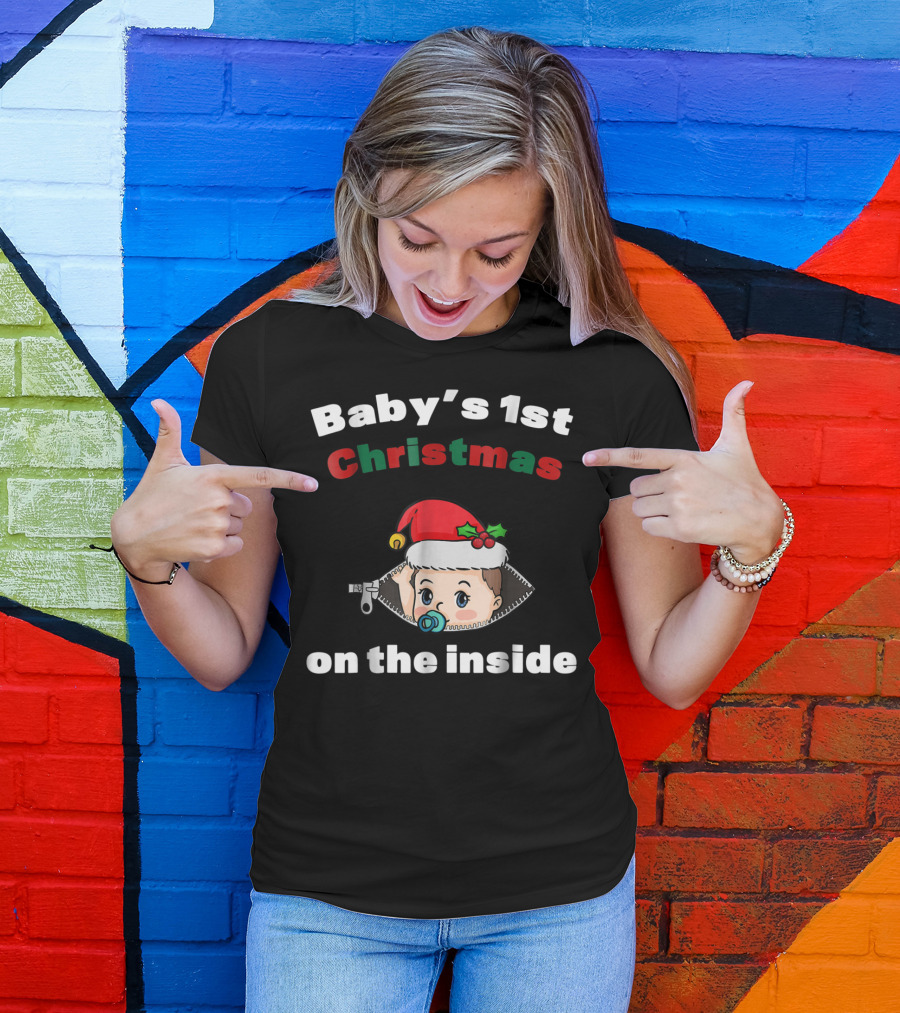 Baby's 1st Christmas On The Inside Mom To Be Santa Hat Zipper T-Shirt