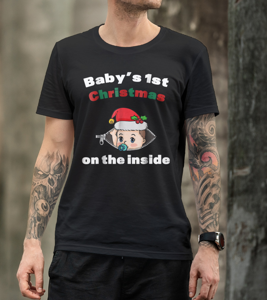 Baby's 1st Christmas On The Inside Mom To Be Santa Hat Zipper T-Shirt