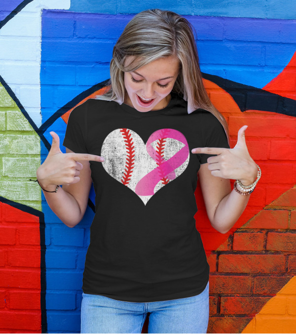 Baseball Heart Pink Ribbon Breast Cancer Awareness Mom81 T-Shirt