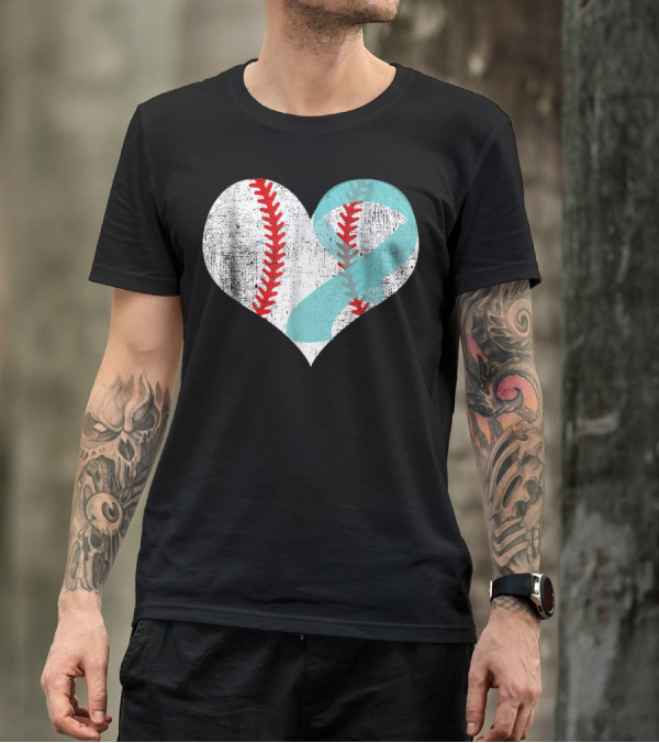 Baseball Heart Teal Ribbon Ovarian Cancer Awareness Mom83 T-Shirt