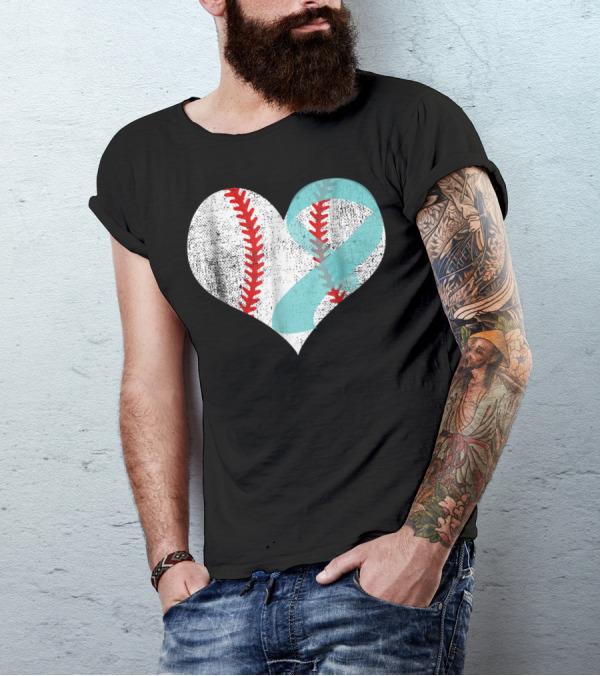 Baseball Heart Teal Ribbon Ovarian Cancer Awareness Mom83 T-Shirt