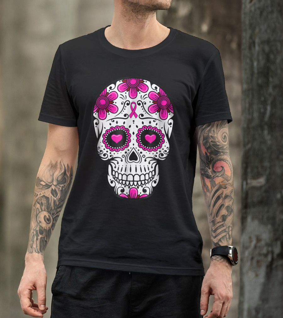 Breast Cancer Awareness Skull Pink Ribbon Mom Wife Floral T-Shirt
