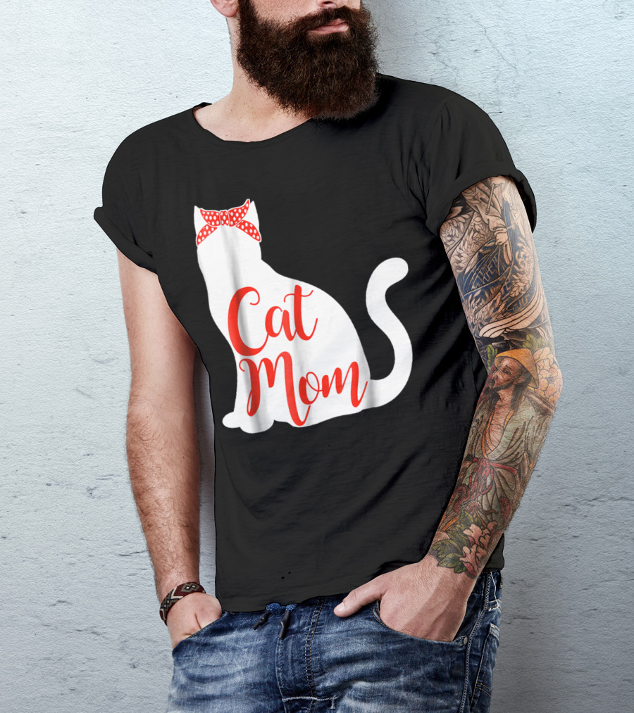 Cat Mom Cute Cat Owner Lover With Red Bow T-Shirt