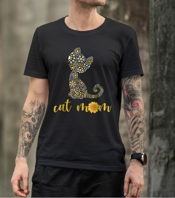 Cat Mom Sunflower Dot Art Funny Cat Lover 90 T-Shirt