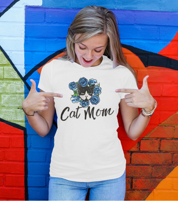 Cat Mom Floral Tuxedo Cat Blue Roses T-Shirt