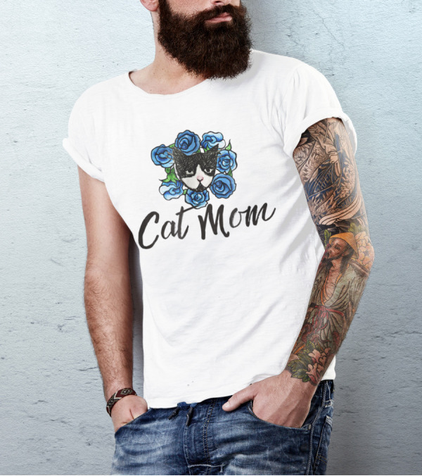 Cat Mom Floral Tuxedo Cat Blue Roses T-Shirt
