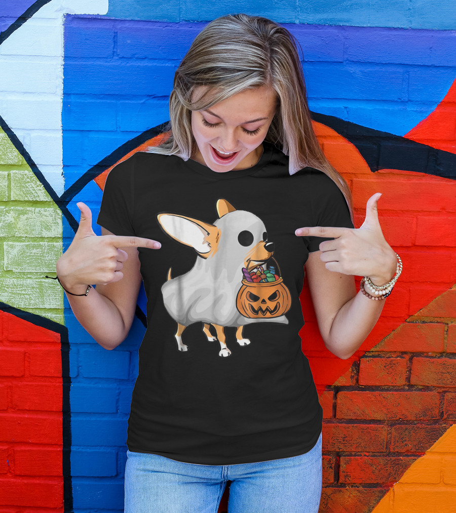 Ghost Chihuahua Trick-or-Treat Pumpkin Basket T-Shirt