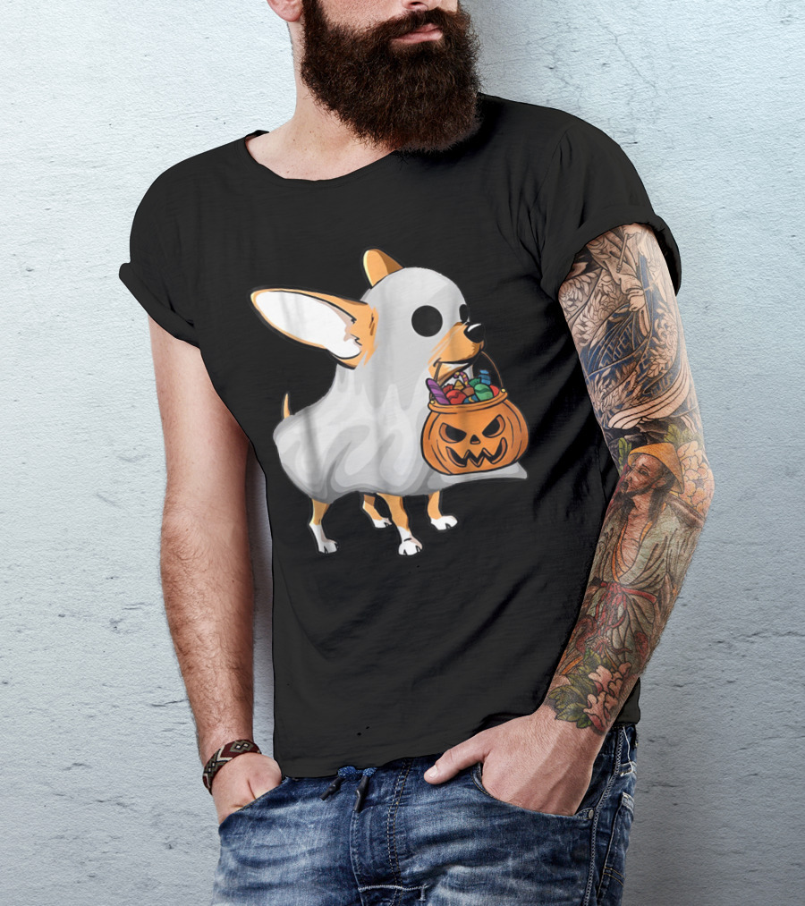 Ghost Chihuahua Trick-or-Treat Pumpkin Basket T-Shirt