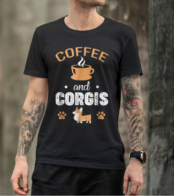 Coffee And Corgis Cute Welsh Corgi With Paw Prints And Coffee Cup T-Shirt