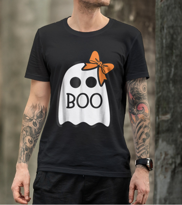 Cute Ghost Boo With Orange Bow For Halloween T-Shirt
