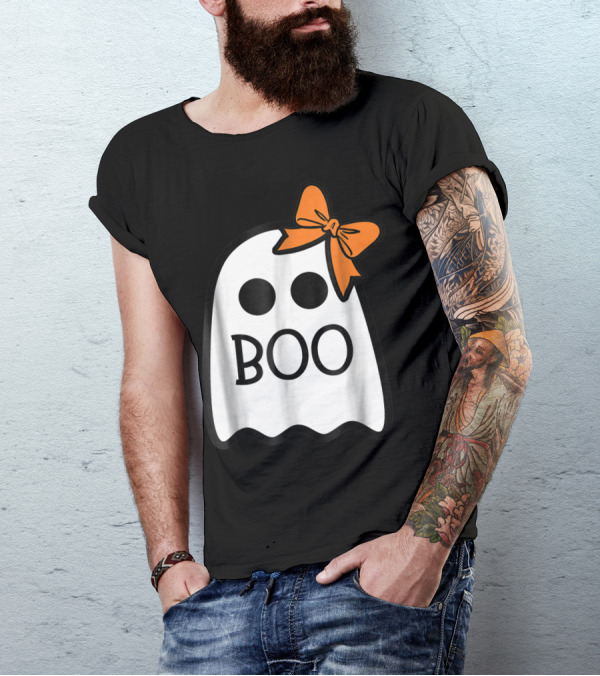 Cute Ghost Boo With Orange Bow For Halloween T-Shirt