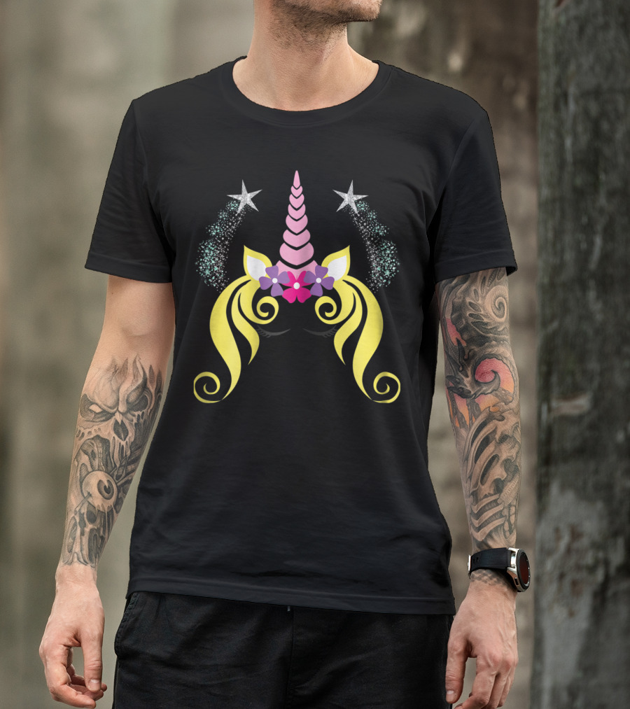 Floral Unicorn Face With Sparkling Stars Birthday T-Shirt