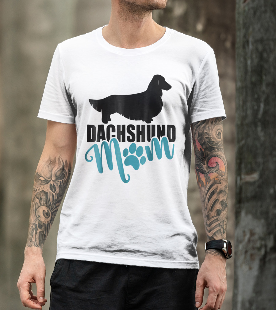 Dachshund Mom Longhair Silhouette With Blue Pawprint Accent T-Shirt