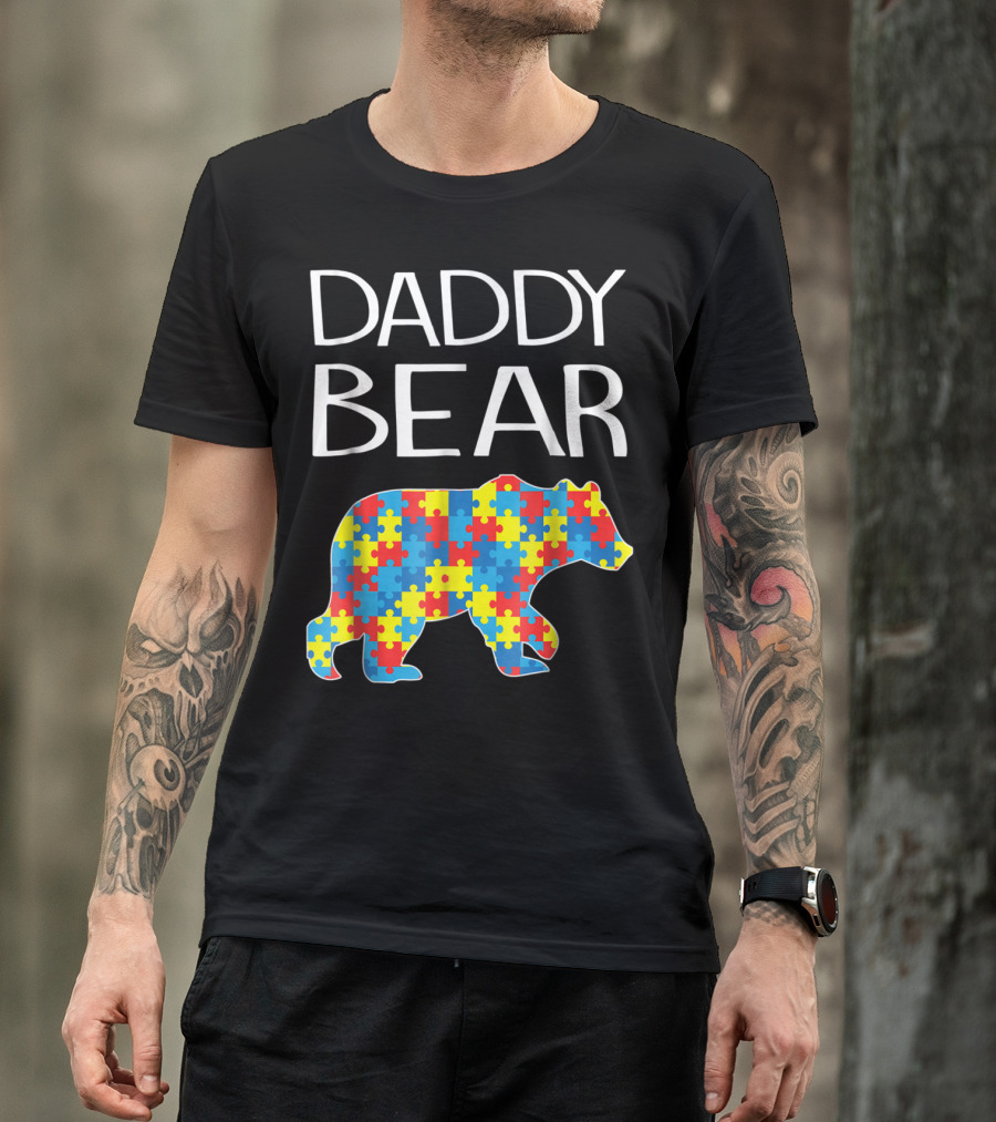 Daddy Bear Autism Puzzle Pattern Child Dad T-Shirt