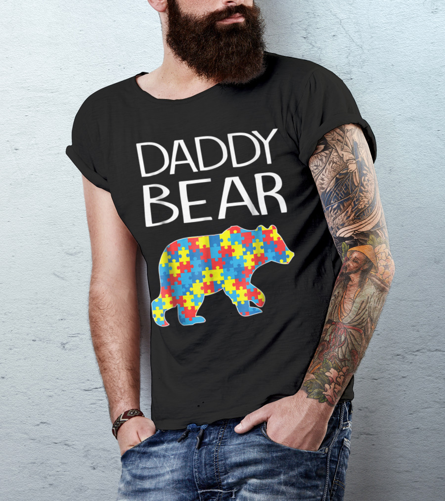 Daddy Bear Autism Puzzle Pattern Child Dad T-Shirt