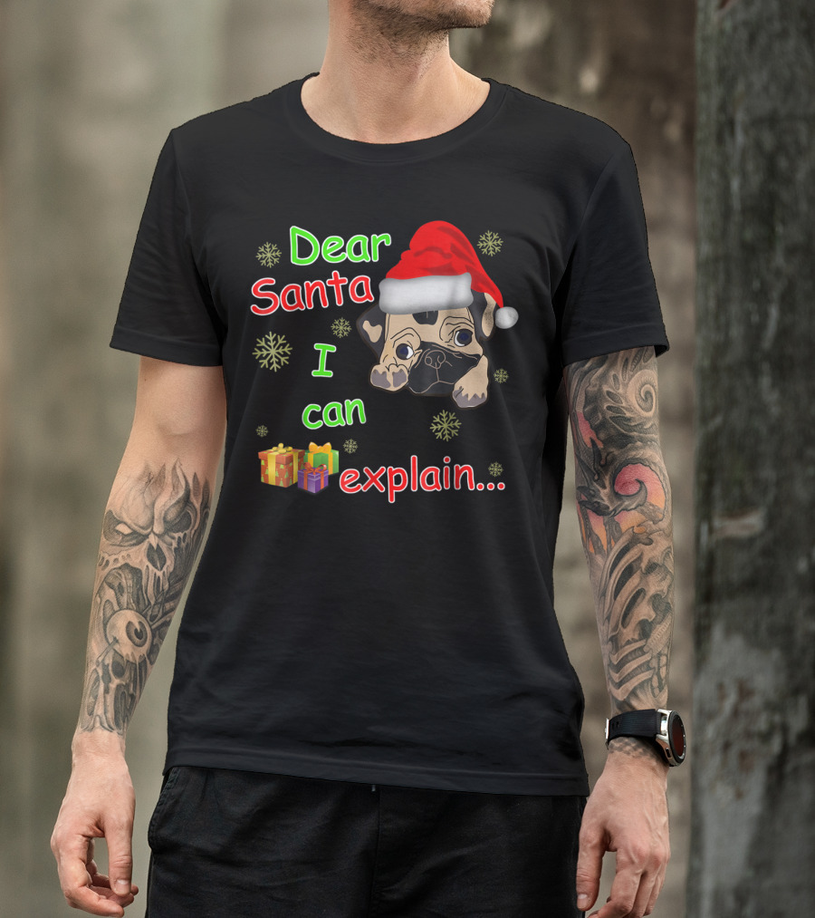 Dear Santa I Can Explain Pug In Santa Hat With Snowflakes And Presents T-Shirt