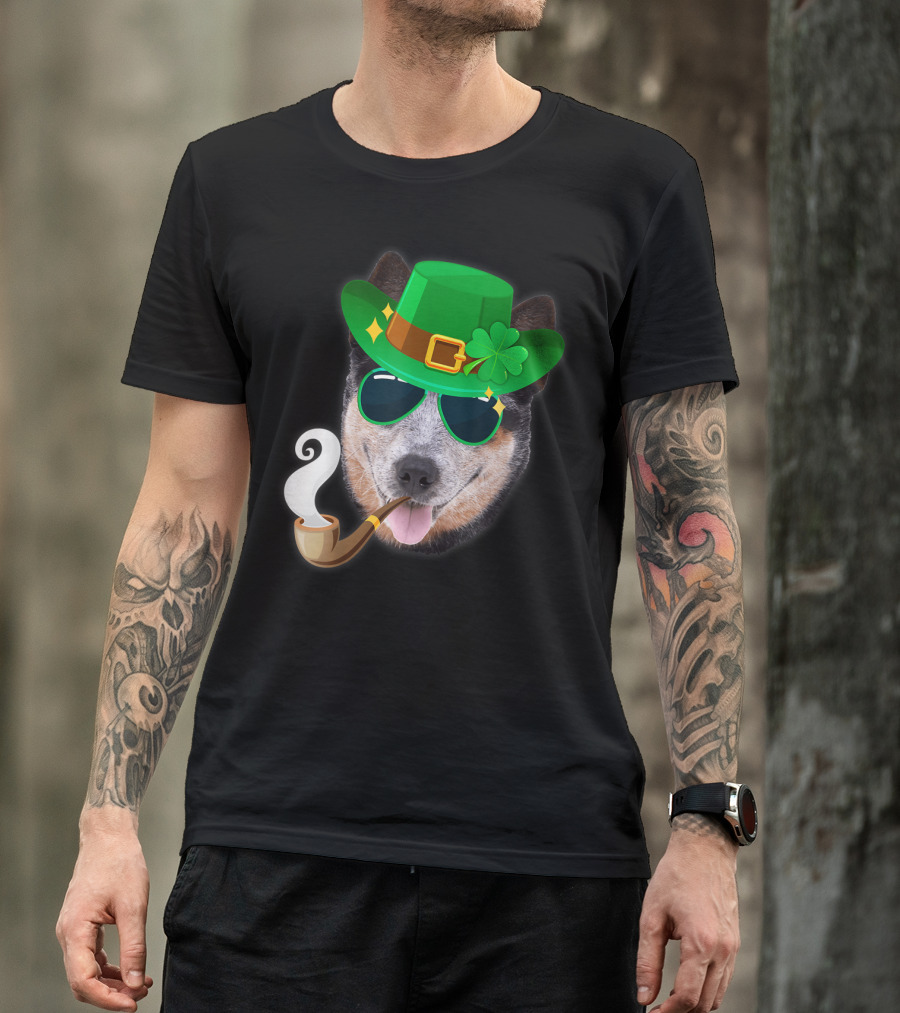 Australian Cattle Dog Leprechaun With Pipe And Shamrock Hat T-Shirt