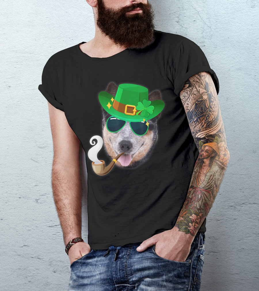 Australian Cattle Dog Leprechaun With Pipe And Shamrock Hat T-Shirt