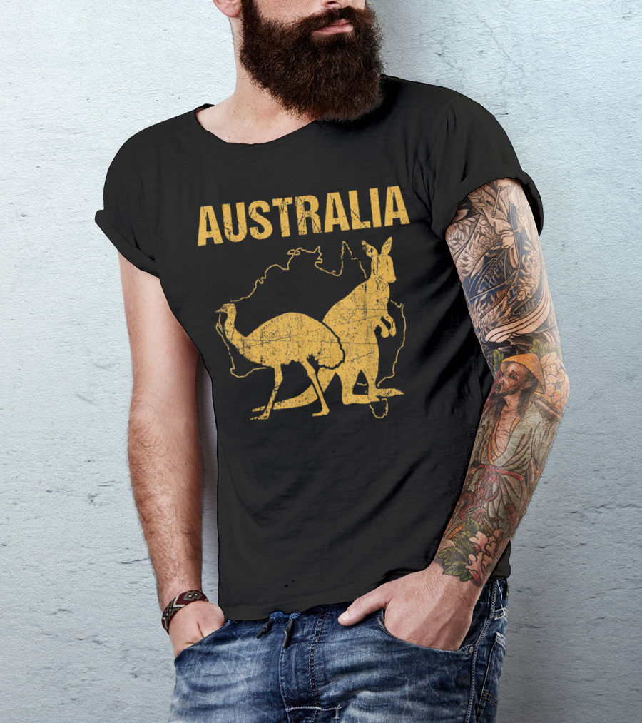 Australia Kangaroo And Emu Silhouette Map T-Shirt