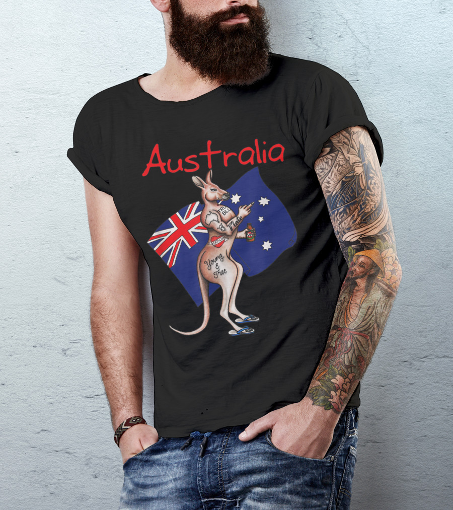 Australia Tattooed Kangaroo Young And Free Flag T-Shirt