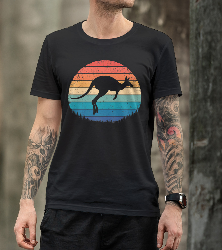 Australia Kangaroo Vintage Sunset Forest Silhouette Retro Stripes T-Shirt