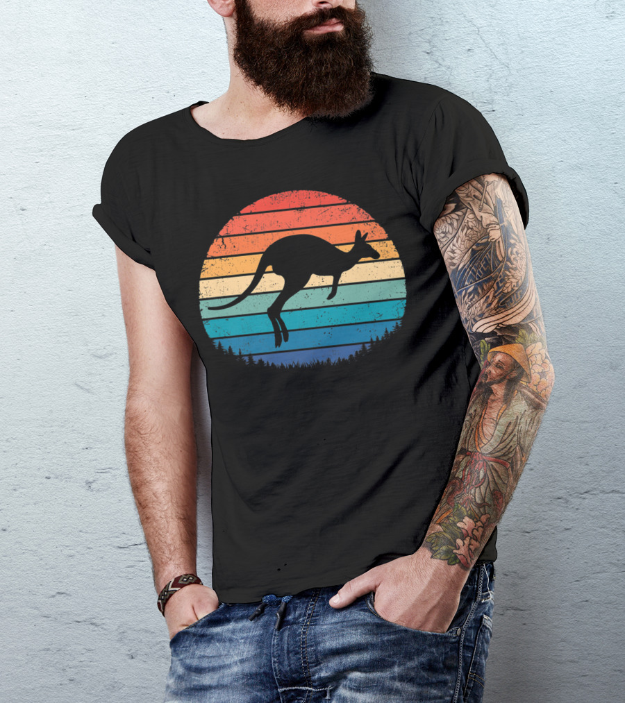 Australia Kangaroo Vintage Sunset Forest Silhouette Retro Stripes T-Shirt