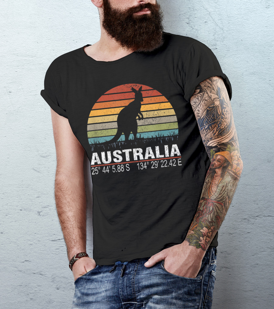Australia Retro Kangaroo Silhouette Sunset With GPS Coordinates T-Shirt
