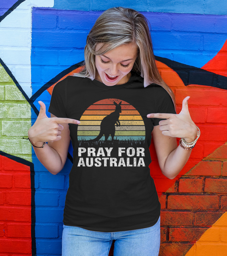 Retro Sun Stripes Kangaroo Silhouette Pray For Australia T-Shirt