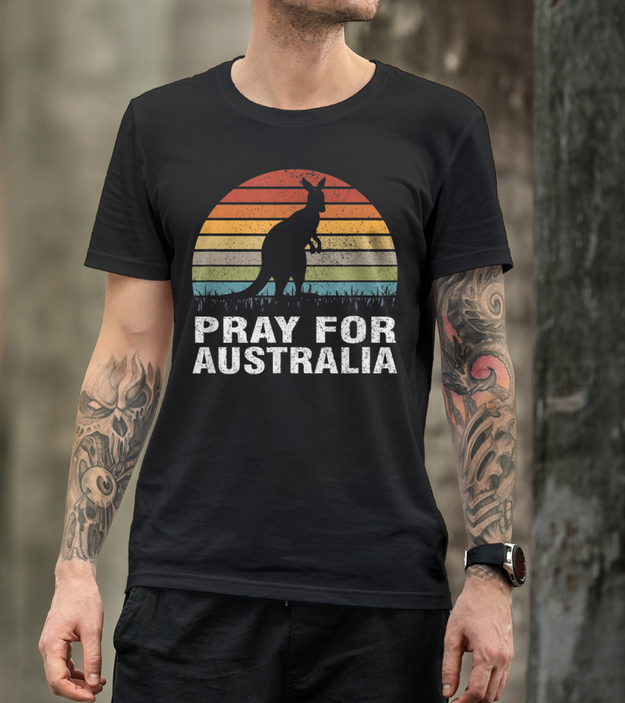 Retro Sun Stripes Kangaroo Silhouette Pray For Australia T-Shirt