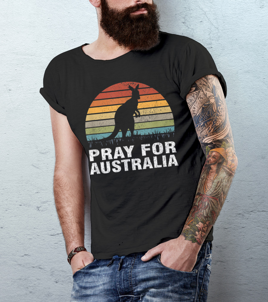 Retro Sun Stripes Kangaroo Silhouette Pray For Australia T-Shirt