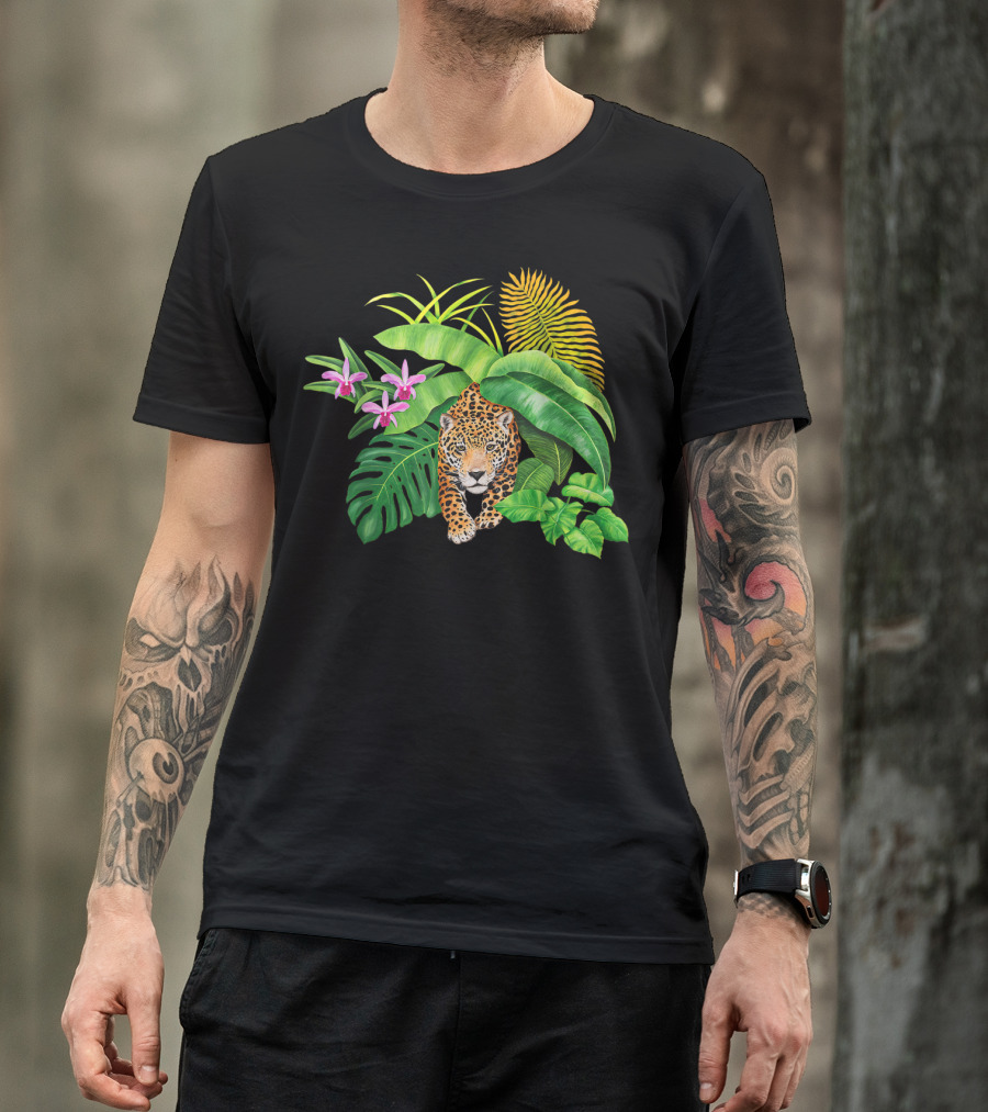 Jaguar Amongst Amazonas Foliage With Orchid Flowers Australia Animal Print Cat T-Shirt