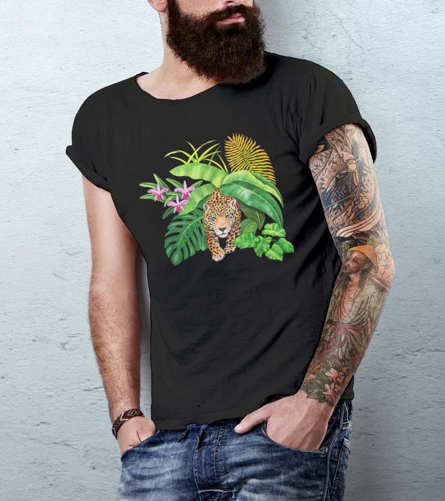 Jaguar Amongst Amazonas Foliage With Orchid Flowers Australia Animal Print Cat T-Shirt