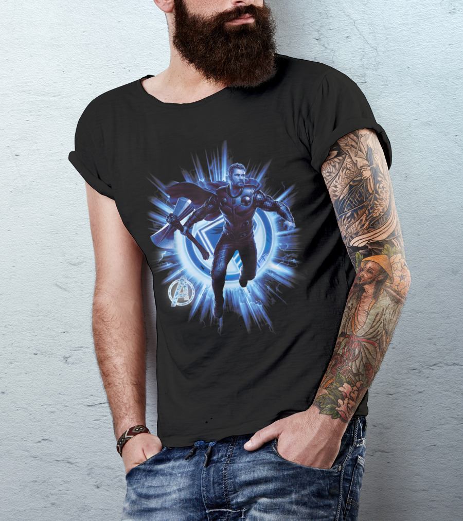 Thor Avengers Endgame Blast With Axe And Blue Lightning Background T-Shirt