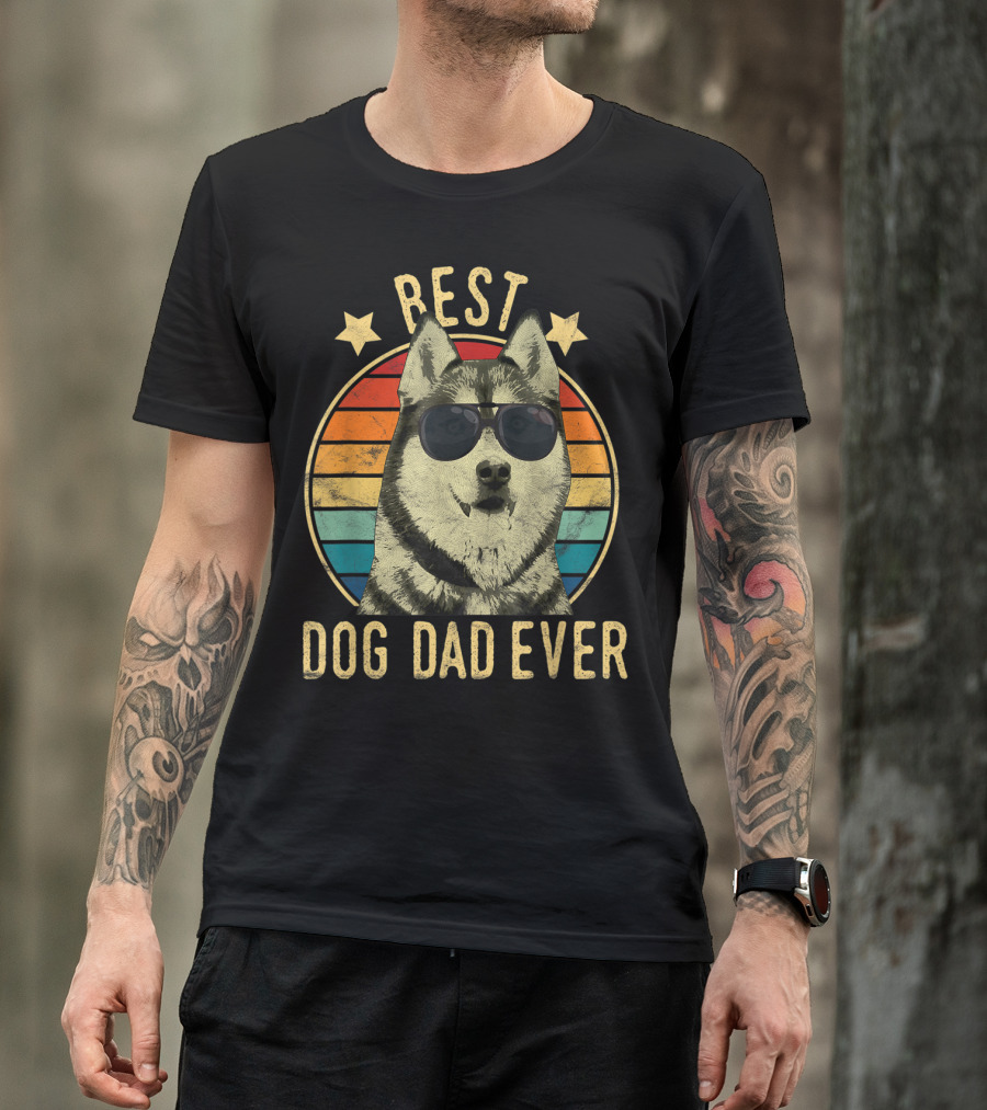 Mens Best Dog Dad Ever Siberian Husky Wearing Sunglasses T-Shirt
