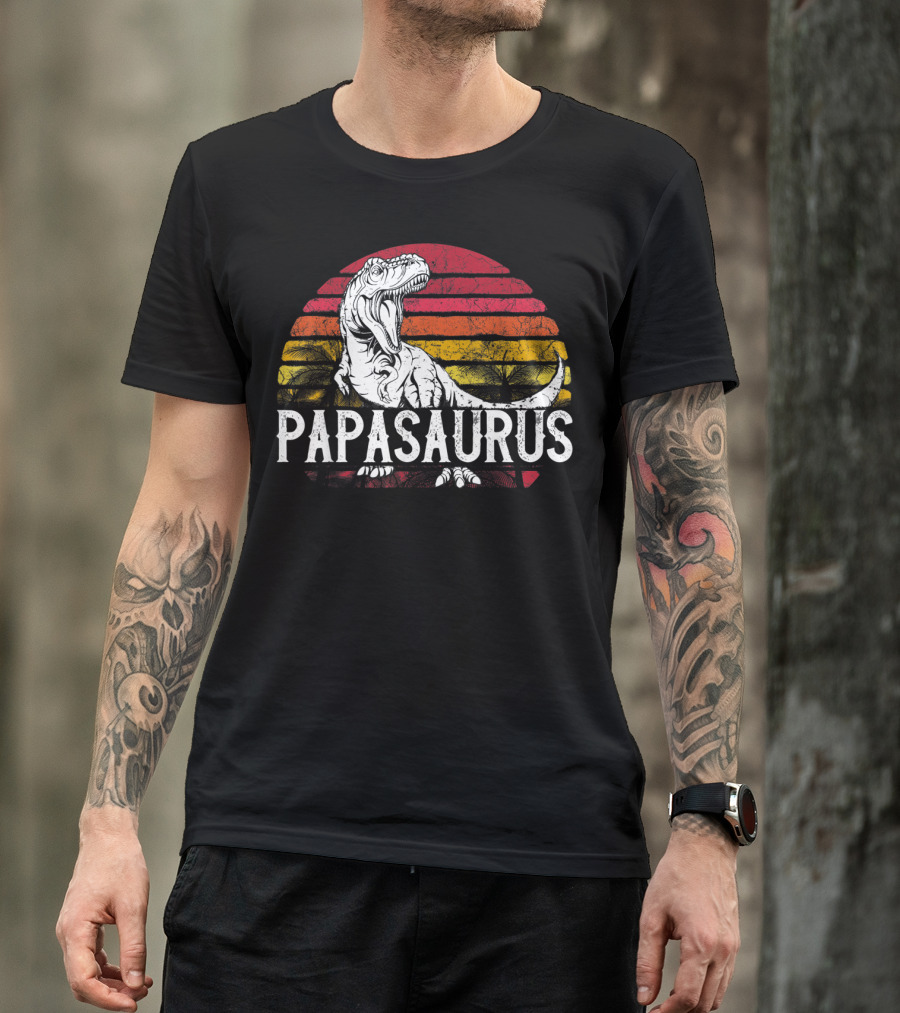 Mens Father's Day Papasaurus Dinosaur Retro Sunset T-Shirt