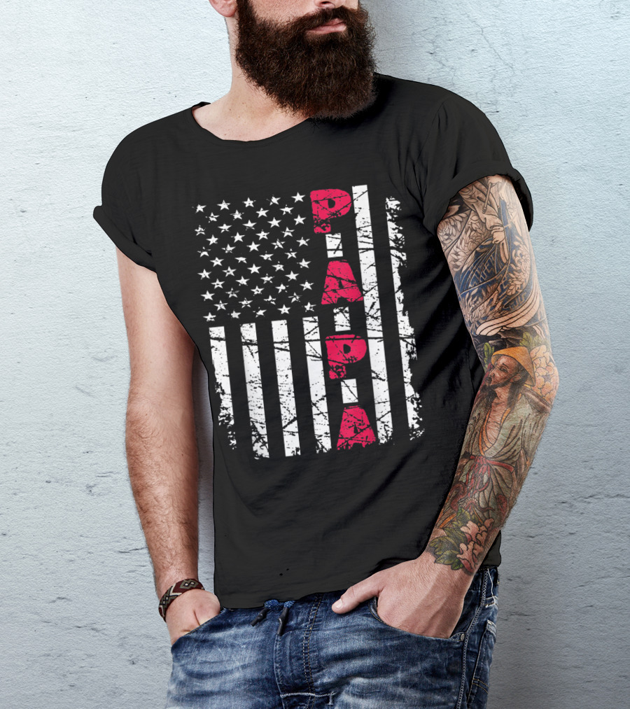 Mens Proud Papa American Flag Christmas Husban T-Shirt