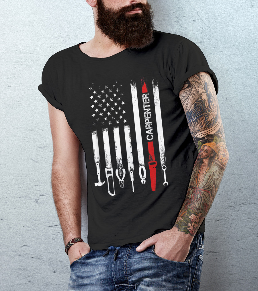 American Flag Carpenter Tools Vertical Stripes Saw Wrench Pliers Hammer T-Shirt
