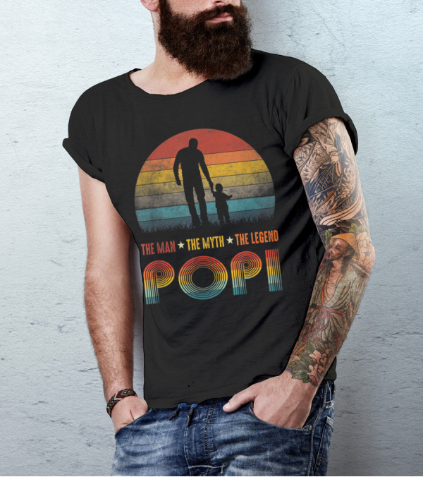 Popi The Man The Myth The Legend Vintage Silhouette Retro Sunset T-Shirt