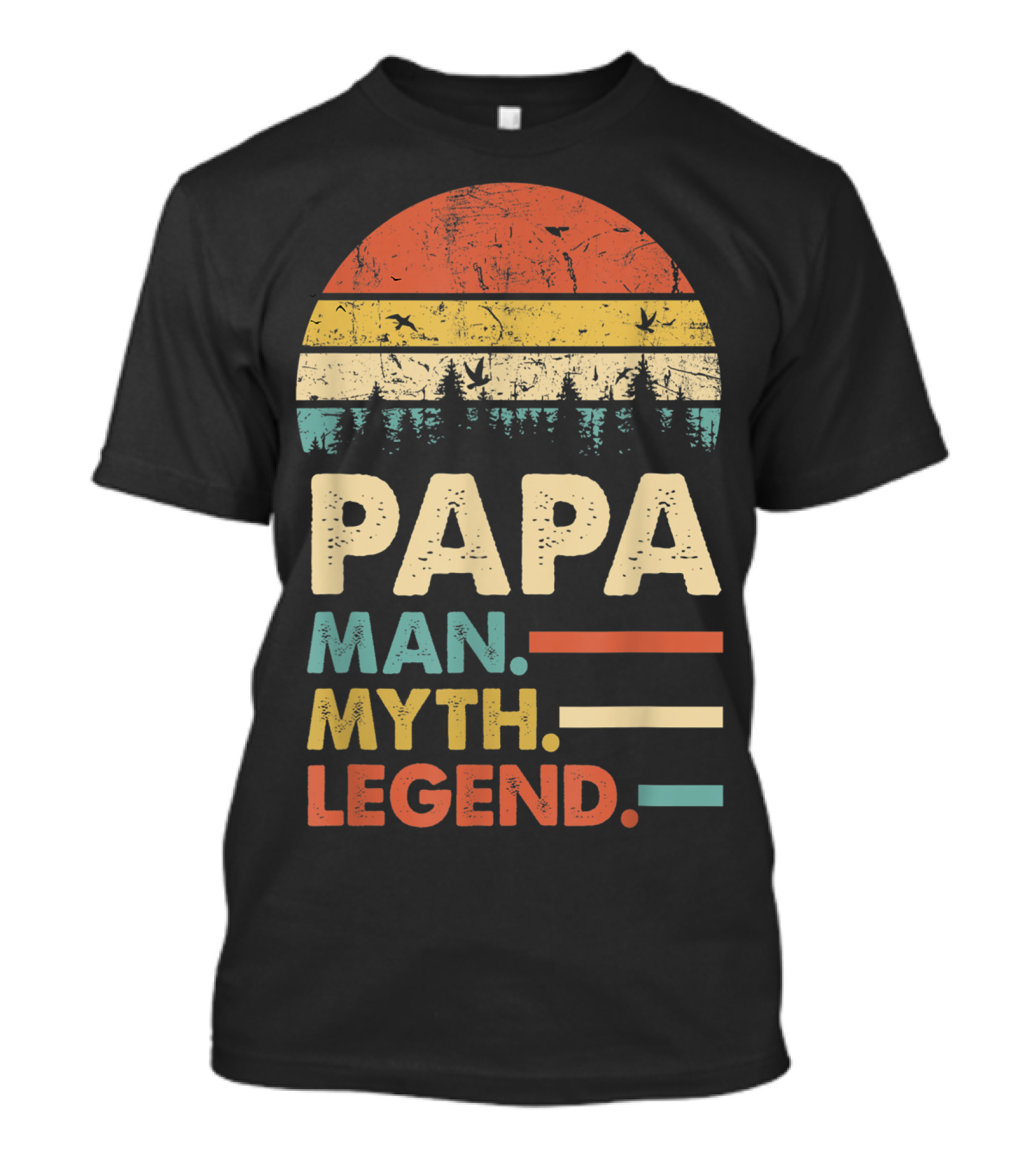 Papa Man Myth Legend Vintage Mens Dad Yx Retro Sunset Forest Birds T-Shirt