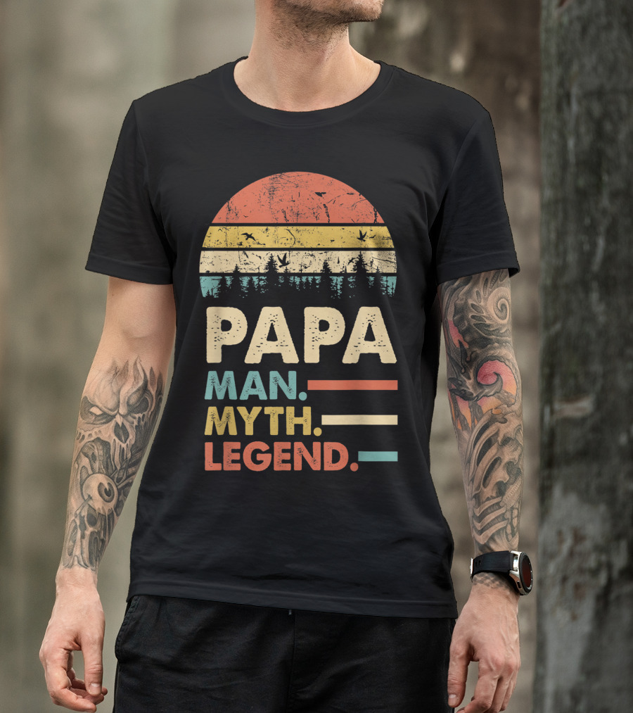 Papa Man Myth Legend Vintage Mens Dad Yx Retro Sunset Forest Birds T-Shirt