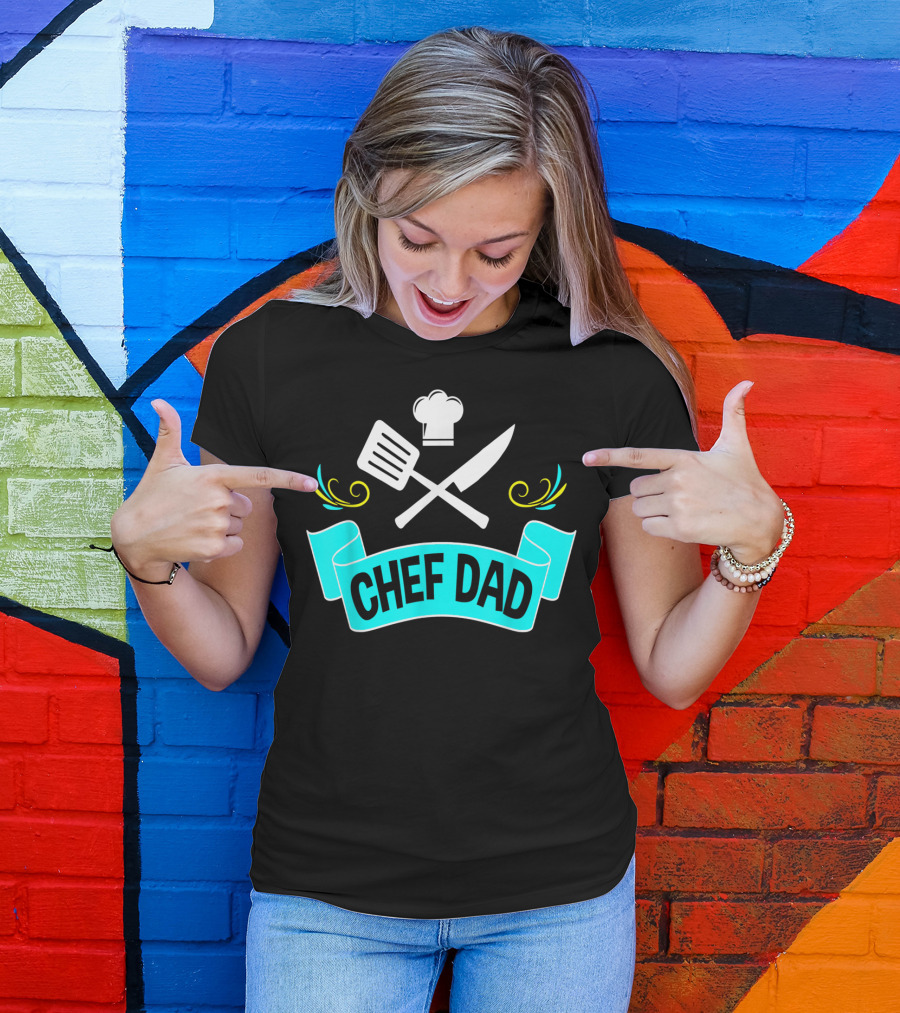 Chef Dad Cooking Daddy Banner With Chef Hat And Cooking Tools T-Shirt