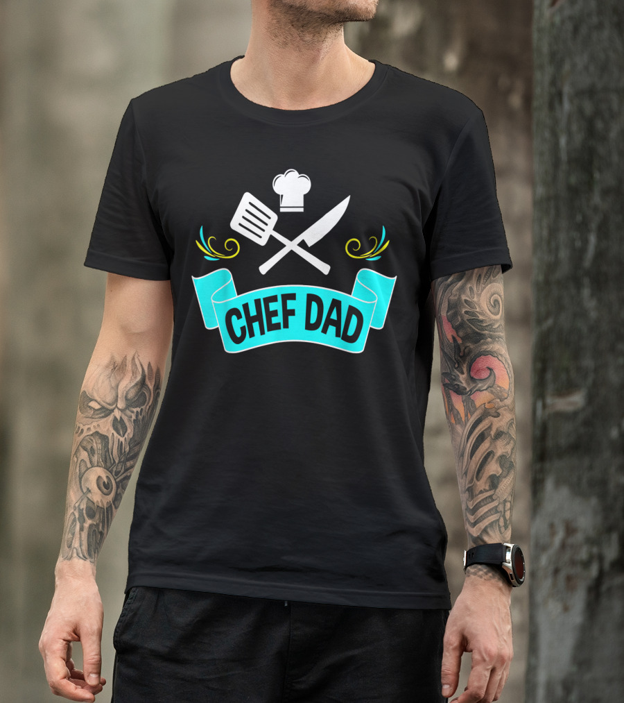 Chef Dad Cooking Daddy Banner With Chef Hat And Cooking Tools T-Shirt