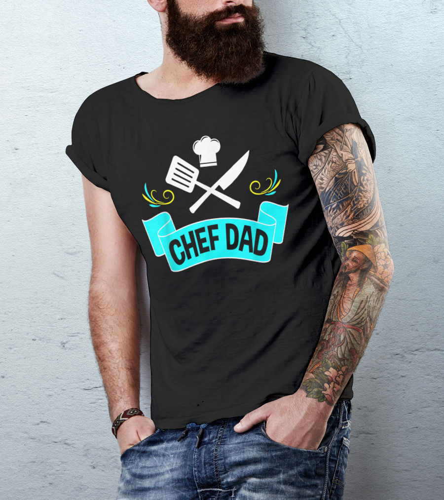 Chef Dad Cooking Daddy Banner With Chef Hat And Cooking Tools T-Shirt