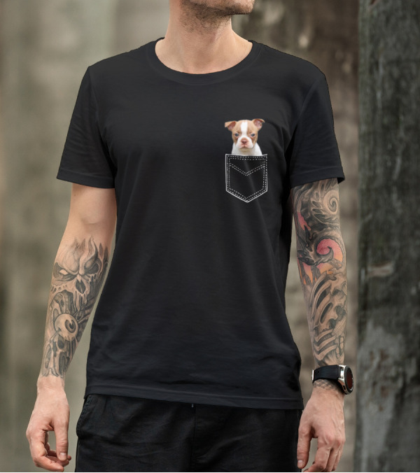 Brown Boston Terrier Puppy In Pocket Mama Dad T-Shirt
